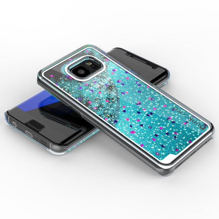 S7 Edge Case, Punkcase [Liquid Teal Series] Protective Dual Layer Floating Glitter Cover with lots of Bling & Sparkle + PunkShield Screen Protector (Color in image: gold)